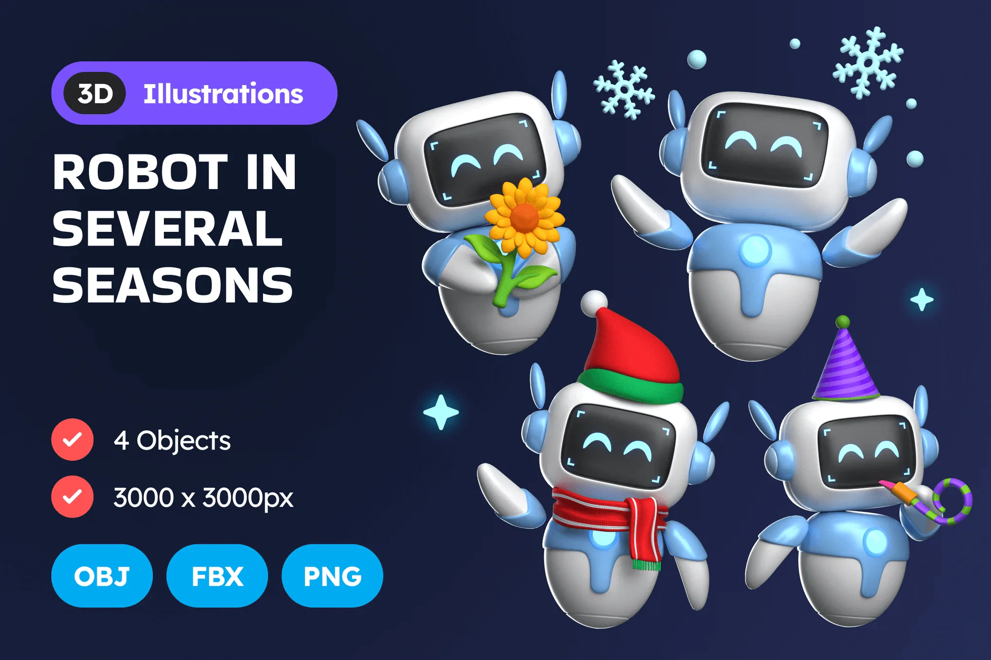 Robot in Several Seasons 3D Illustration