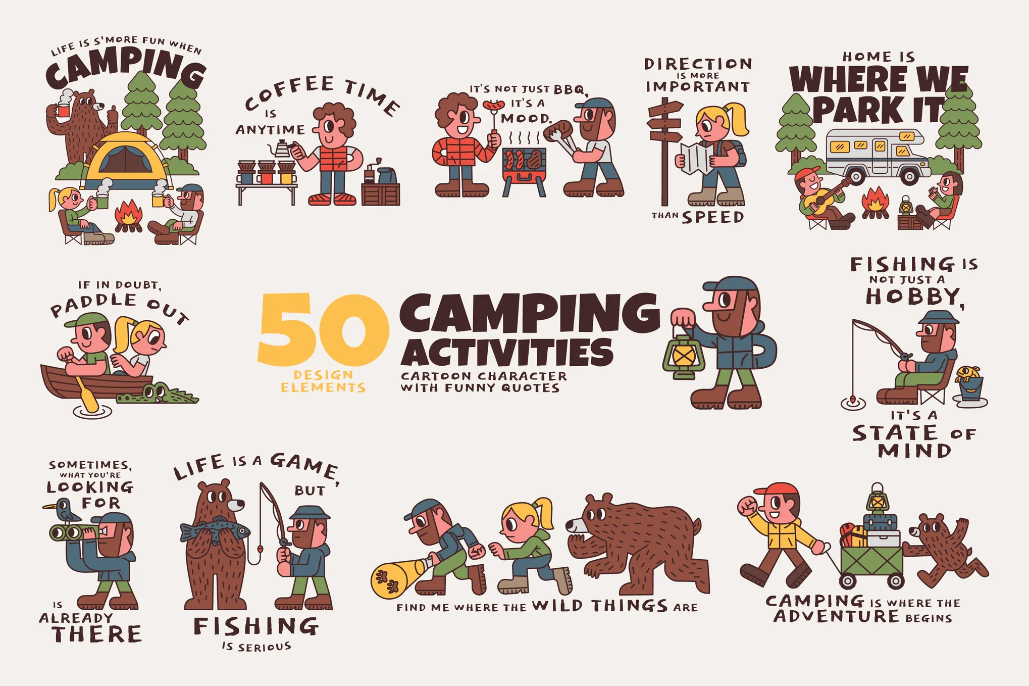 50 Camping Activities Cartoon Characters & Element