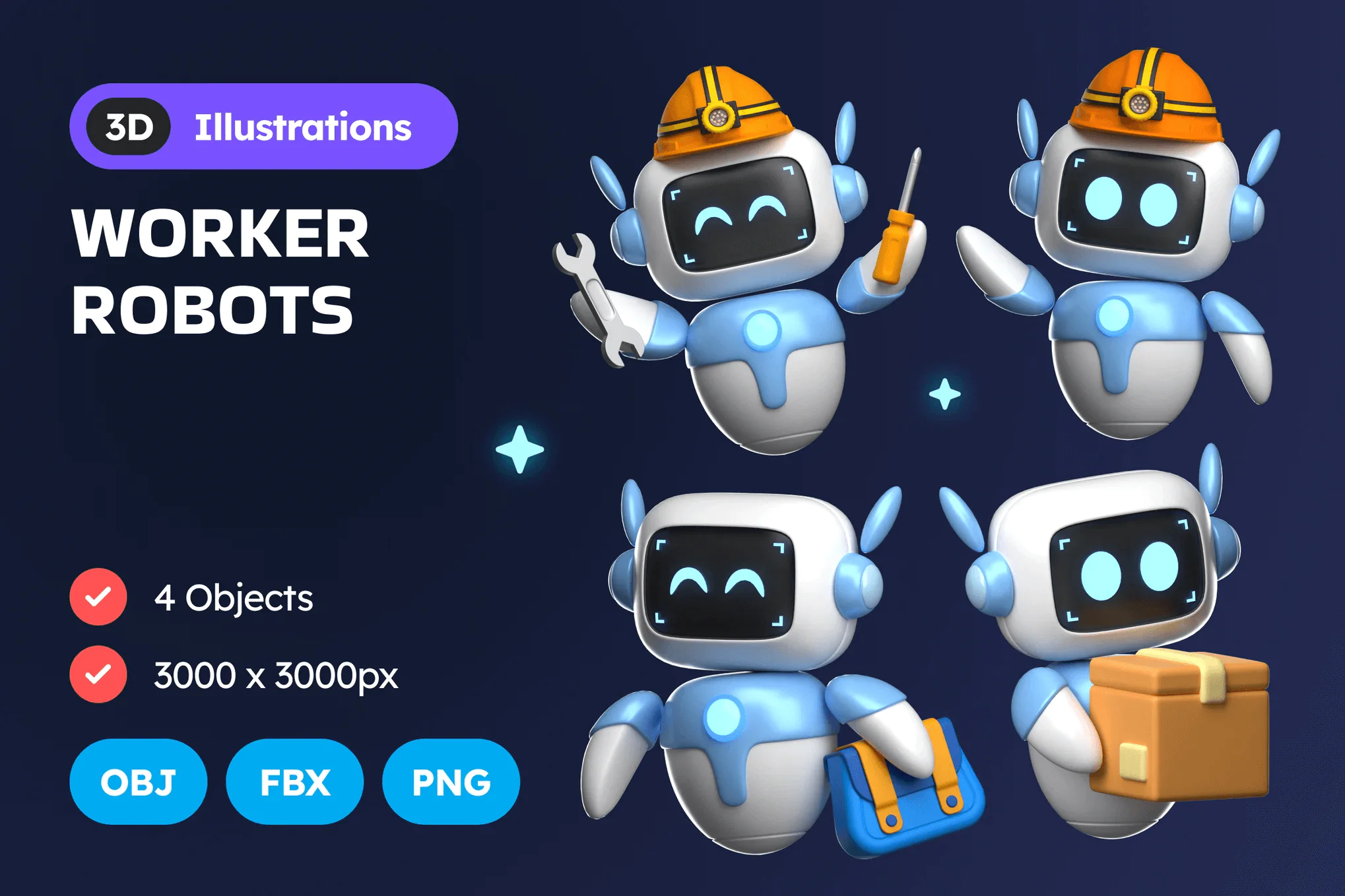 Worker Robots 3D Illustration