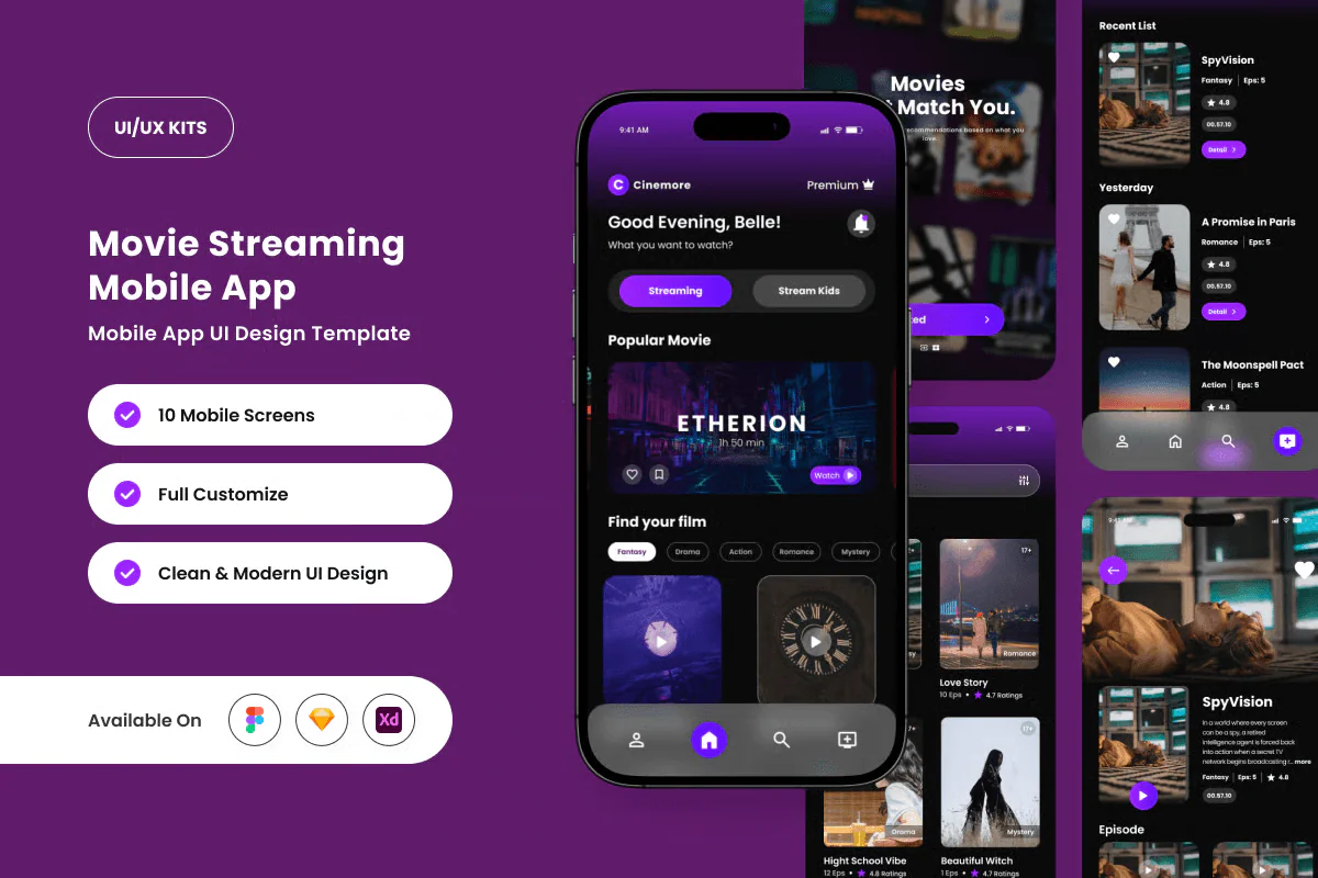 Cinemore – Movie Streaming Mobile App Design Templ