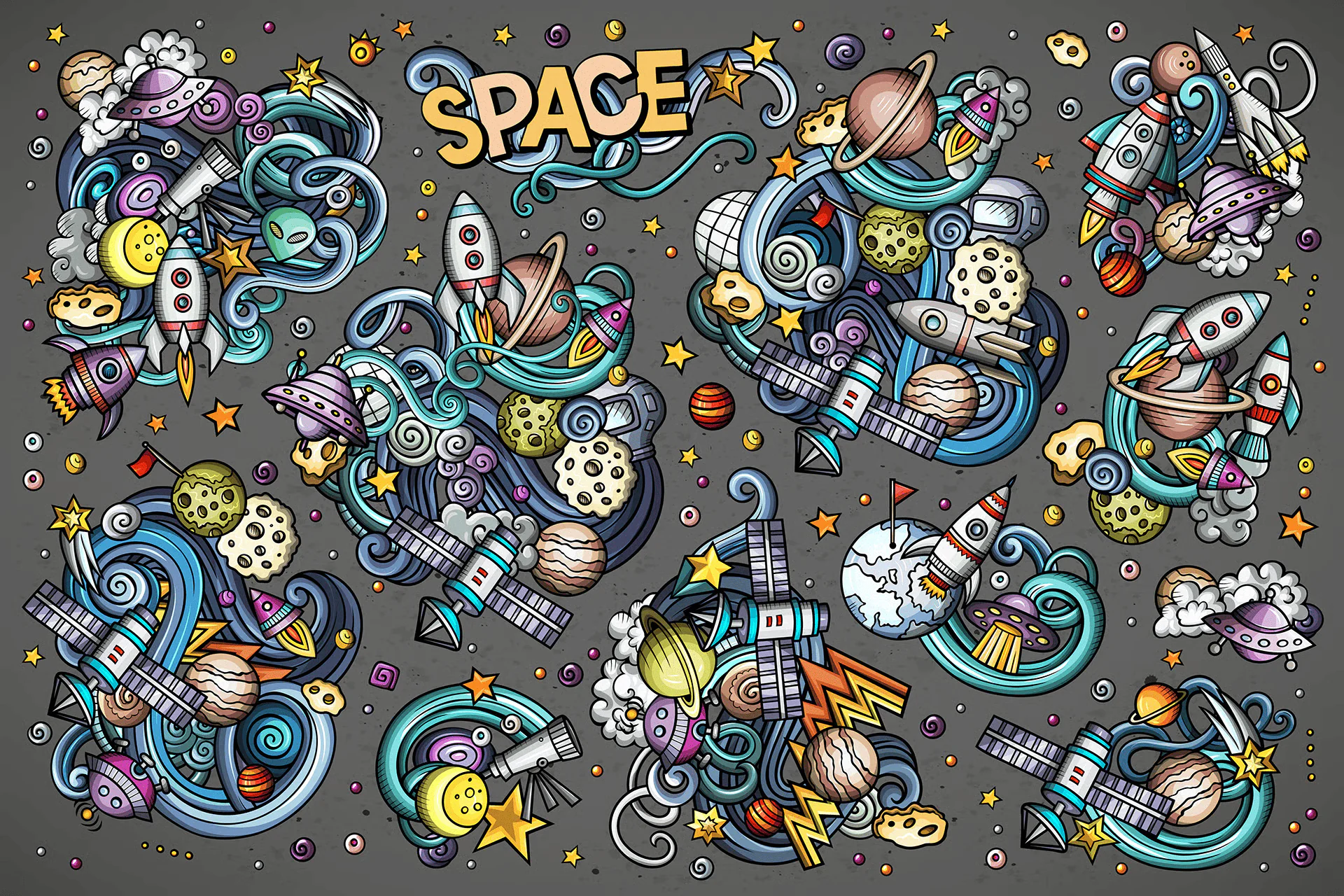 Outer Space cartoon vector doodle designs set