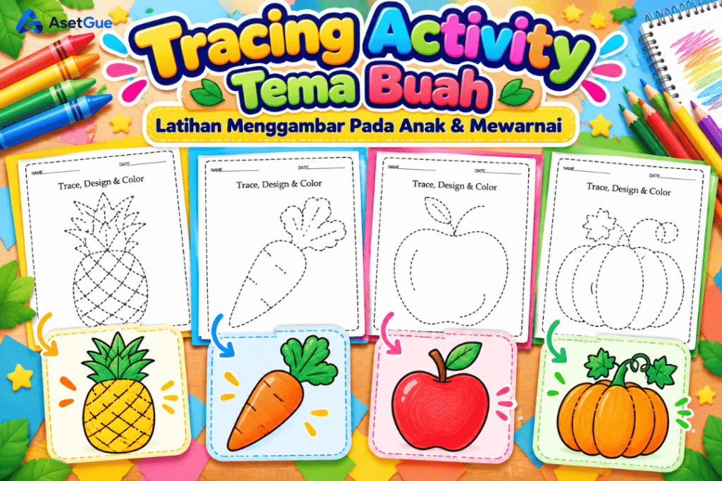 Tracing Activity Tema Buah – Worksheet Menggambar & Mewarnai Anak